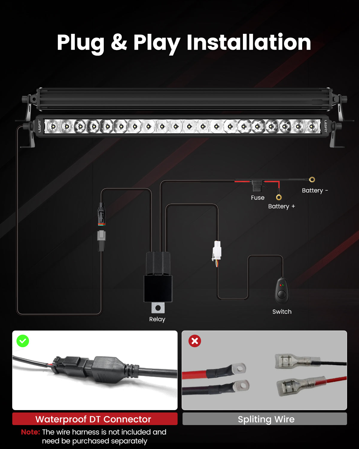 LASFIT Off-Road LED Light Bars 12 22 32 42 52 Inch Spot Flood Combo Single Row - White