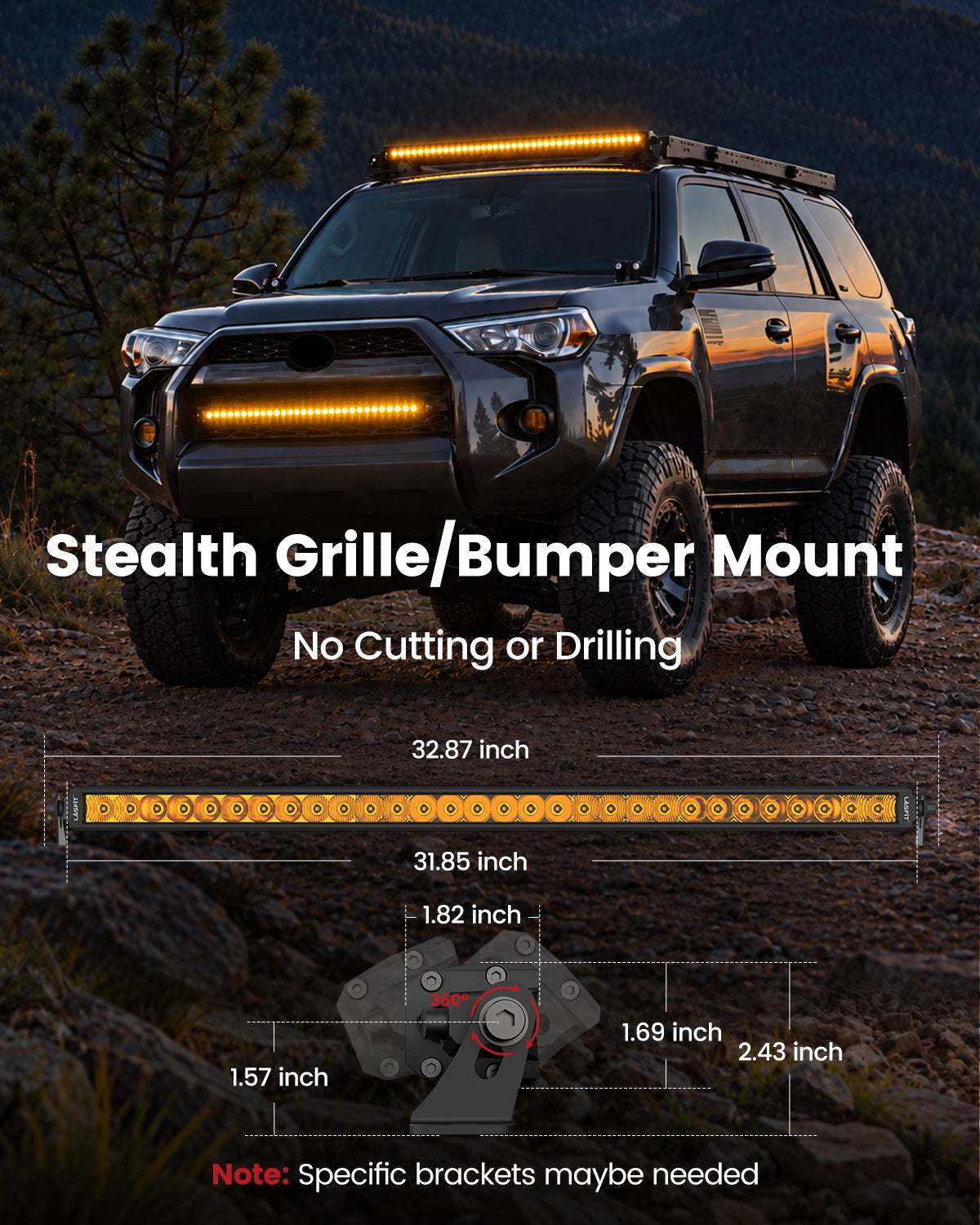 Lasfit 12"/22"/32"/42"/52" Off-Road Slim Single Row Combo Flood Spot Beam LED Amber Light Bars