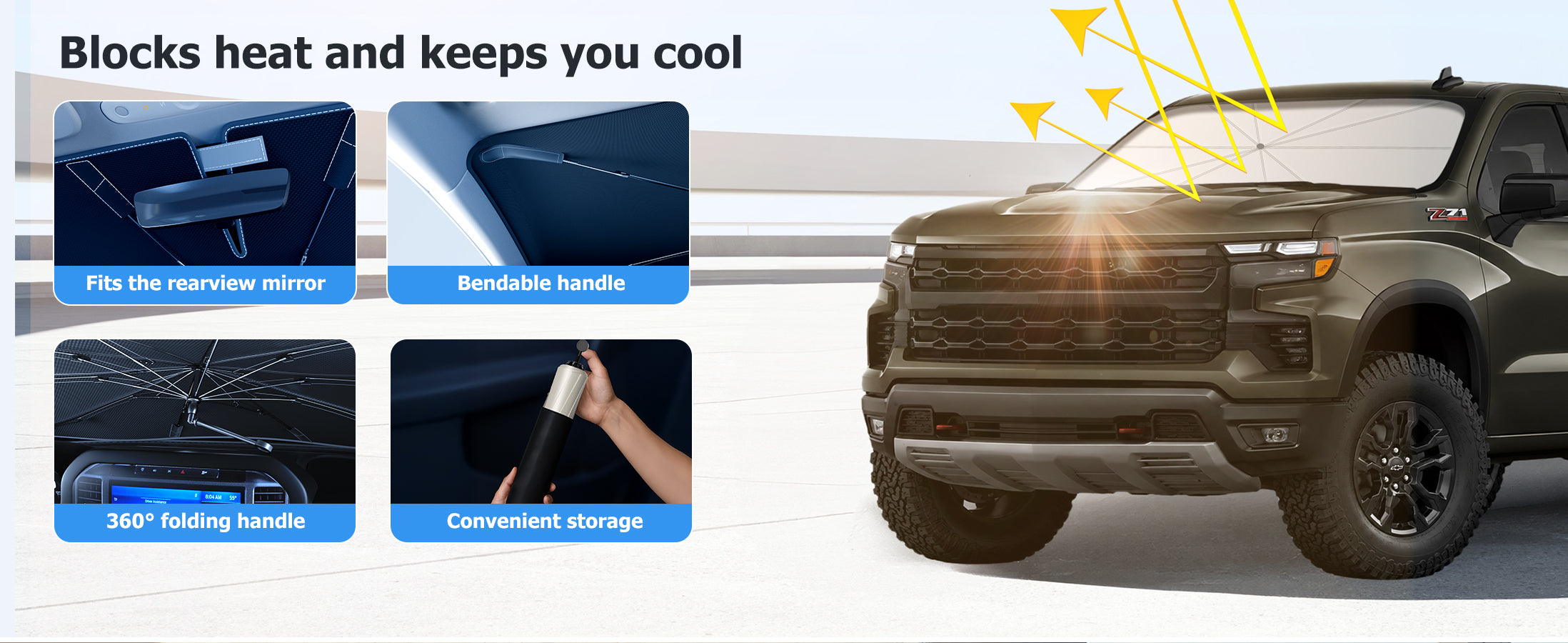 2014-2026 Chevrolet Silverado Windshield Sun Shades Umbrella Blocks Heat