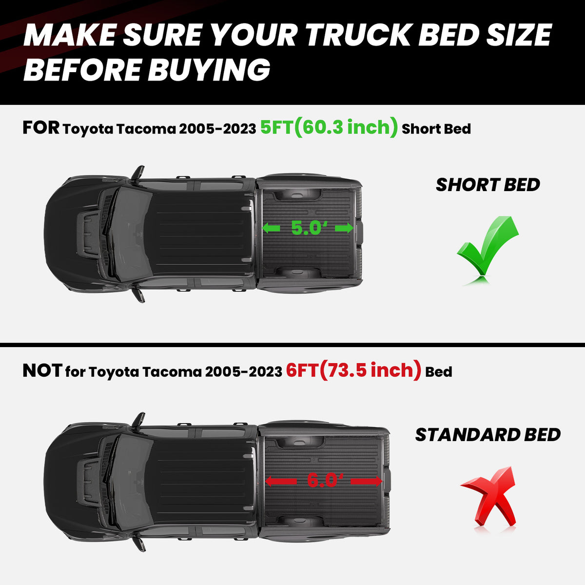 LASFIT Heavy Duty TPE Truck Bed Mat For 2024-2025 Toyota Tacoma 6FT Bed