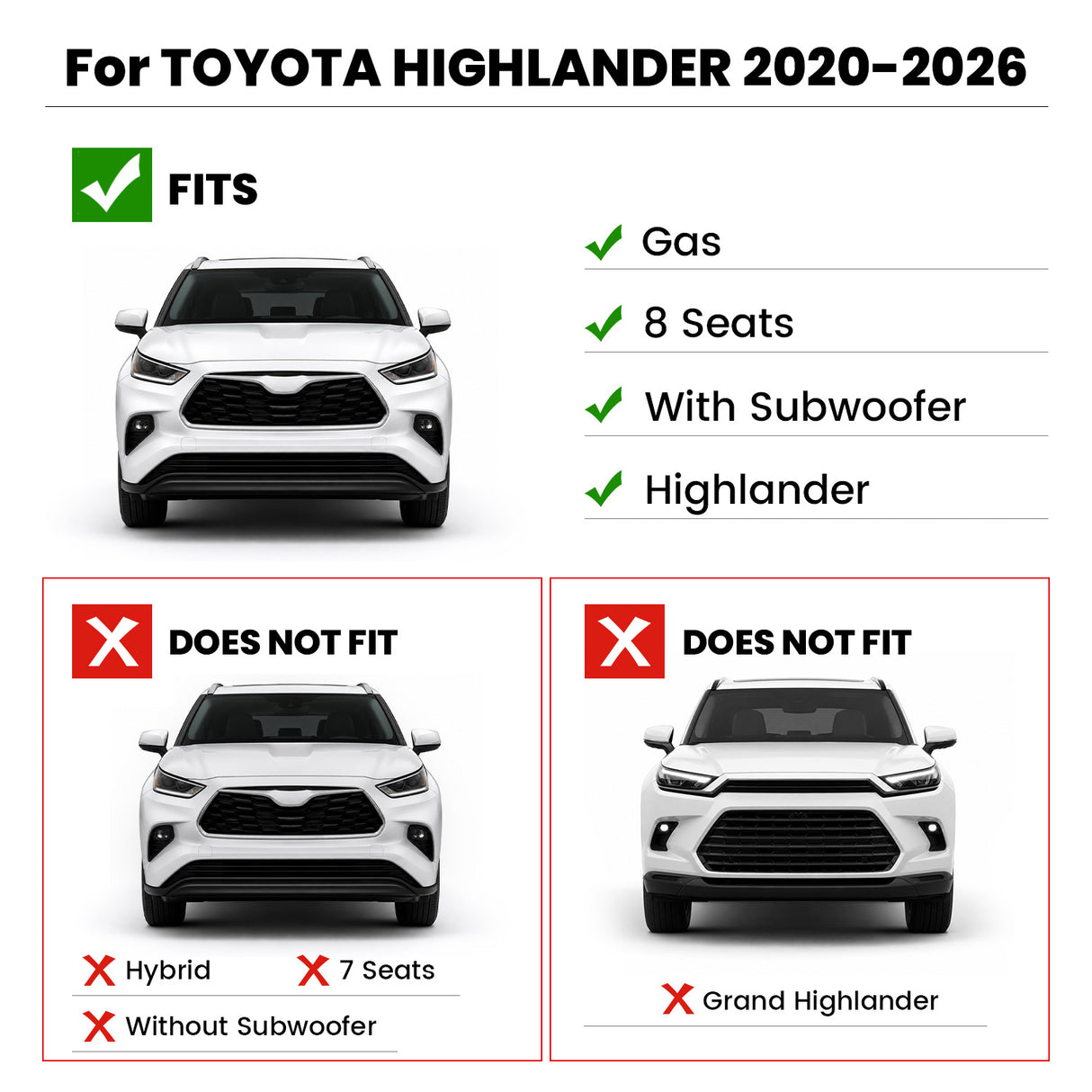 Fit for 2020-2026 Toyota Highlander Floor Mats or Cargo Mat, Fit Gasoline & 8 Seats
