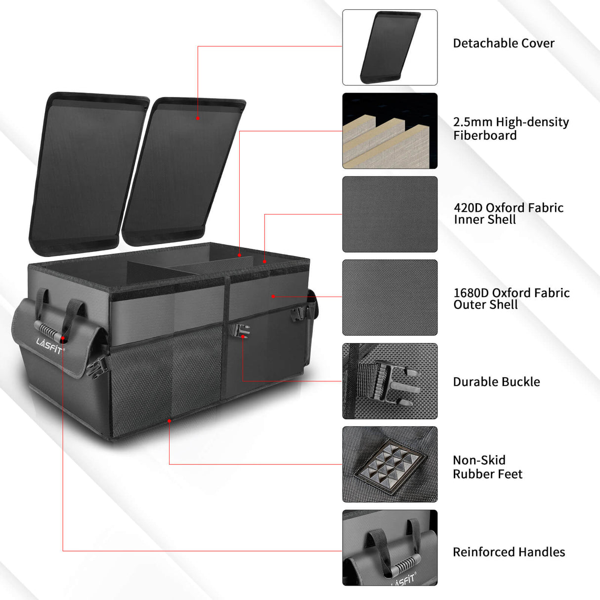 LASFIT Collapsible Trunk Organizer Car/SUV Trunk Storage Box | Non-slip Bottom, Foldable Cover, Water-resistant 1680D Oxford Cloth