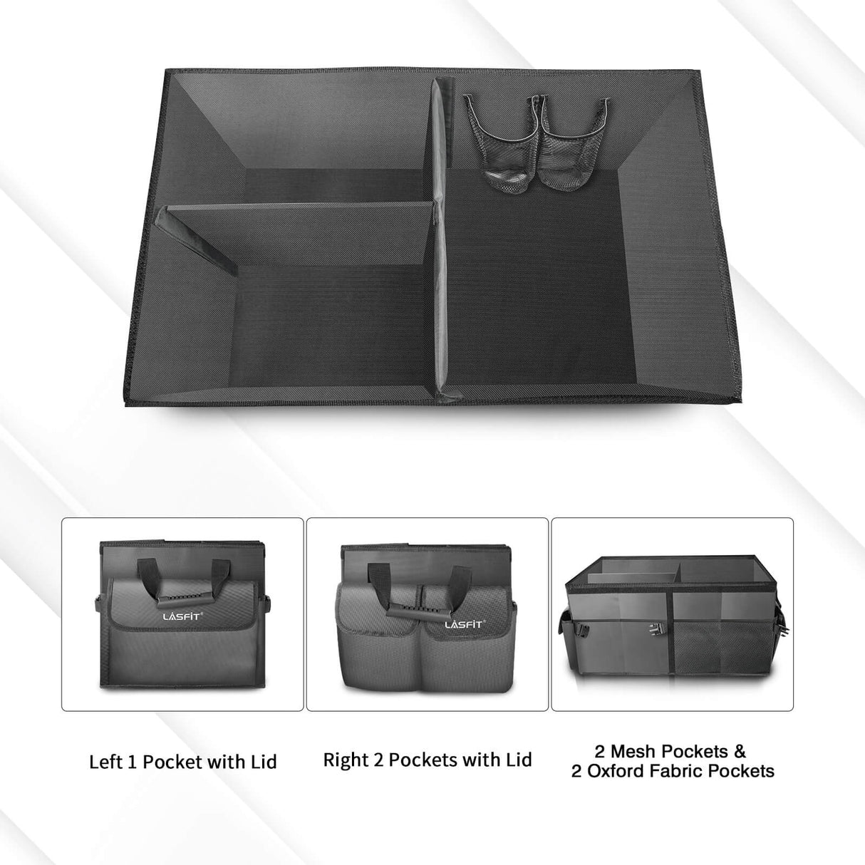LASFIT Collapsible Trunk Organizer Car/SUV Trunk Storage Box | Non-slip Bottom, Foldable Cover, Water-resistant 1680D Oxford Cloth