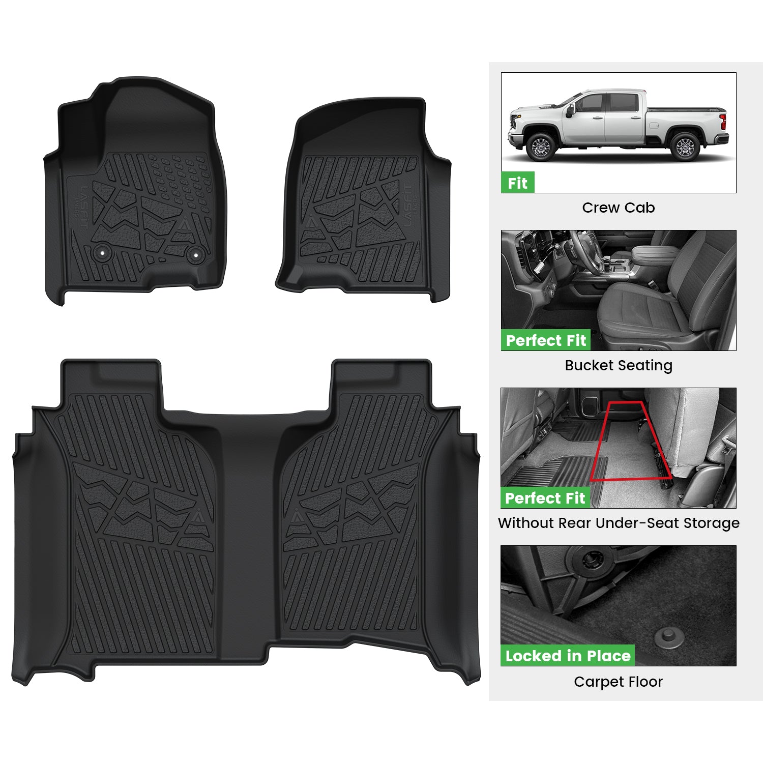 Fit for 2020 Chevrolet Silverado Crew Cab All Weather Floor Mats Custom Fit Floor Liners Lasfit