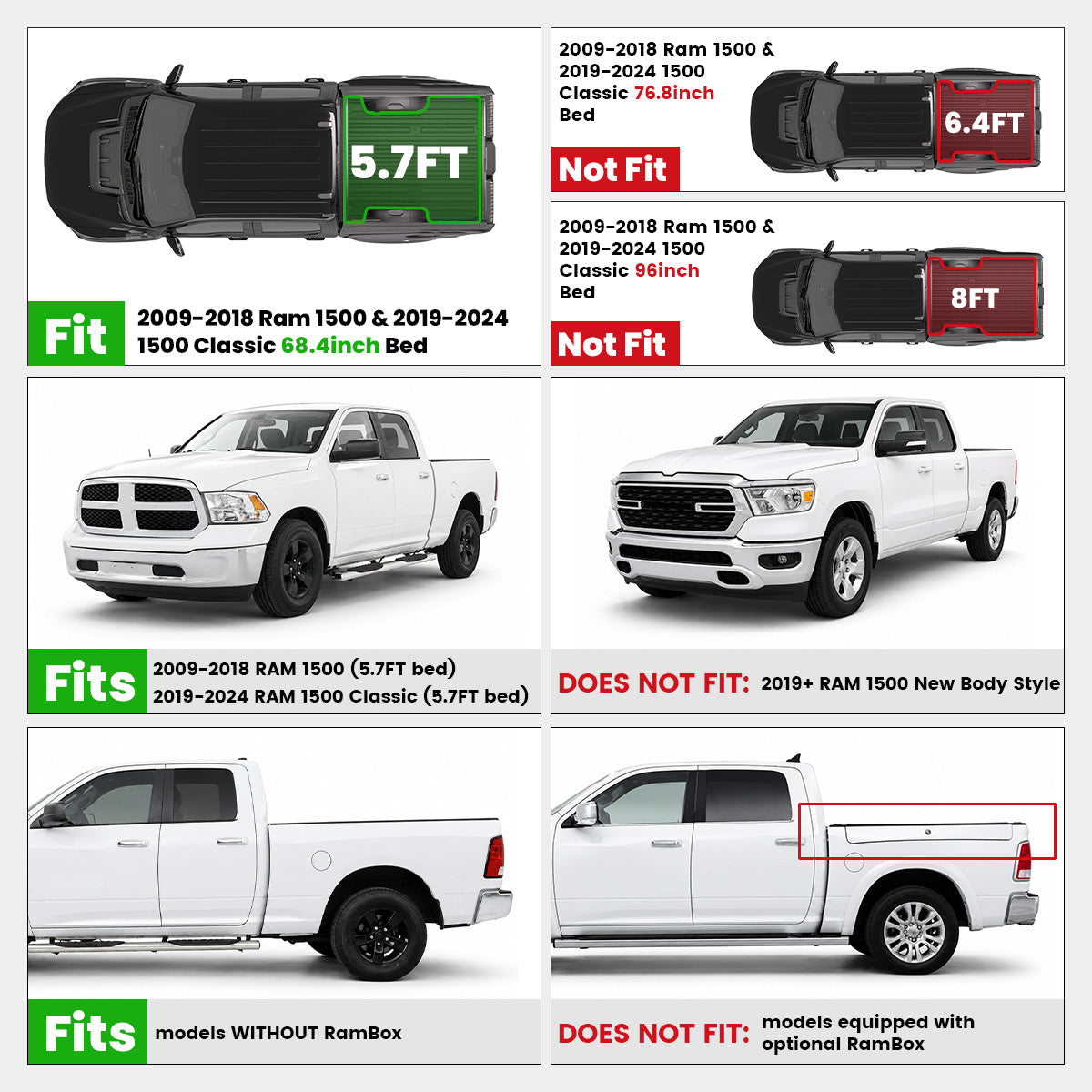 Fit for 2006-2018 Ram 1500 Bed Mat or Tailgate Mat, Not Fit Drop-in liners