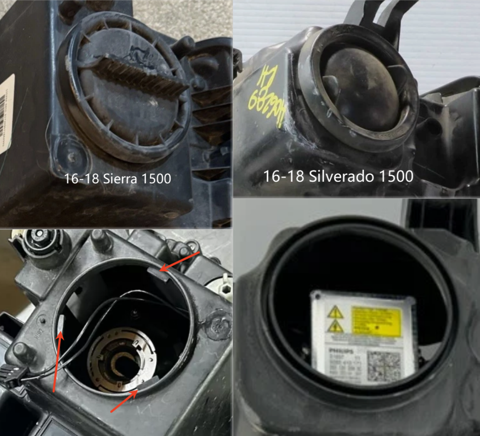 The difference in dust cover mounting structures between the Sierra 1500 and Silverado 1500.