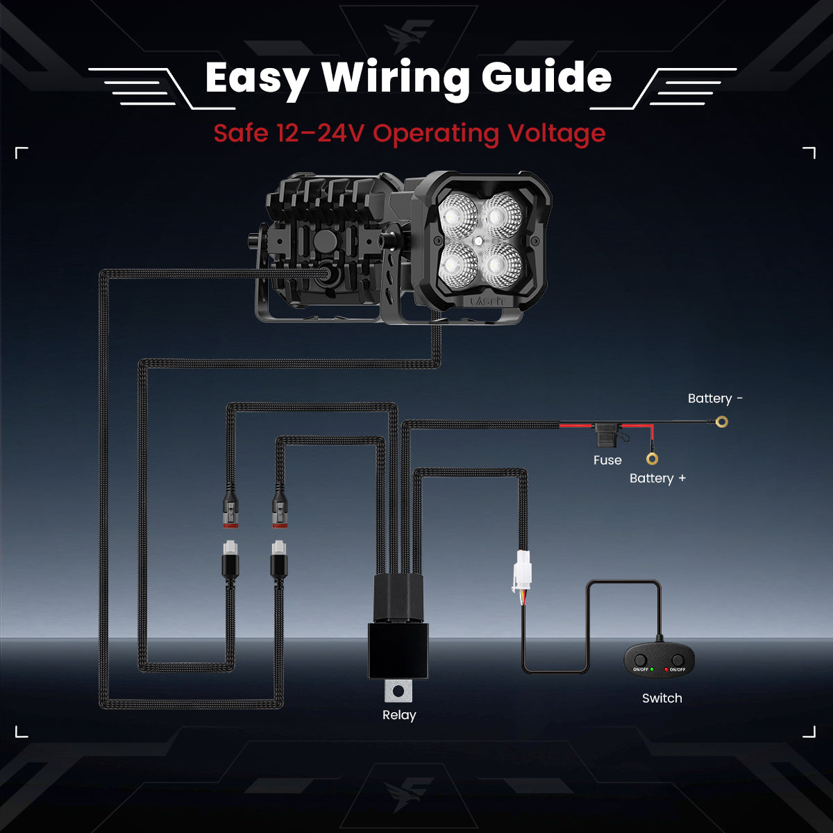 lasfit White 3 inch flood beam pod light easy wiring guide