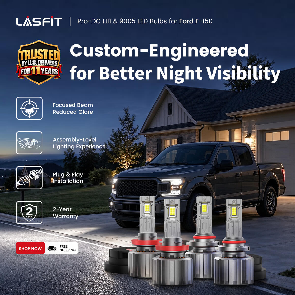 LASFIT Pro-DC H11 and 9005 LED headlight bulbs for Ford F-150, shown with a truck at night and icons highlighting focused beams, reduced glare, plug-and-play installation, and a 2-year warranty.