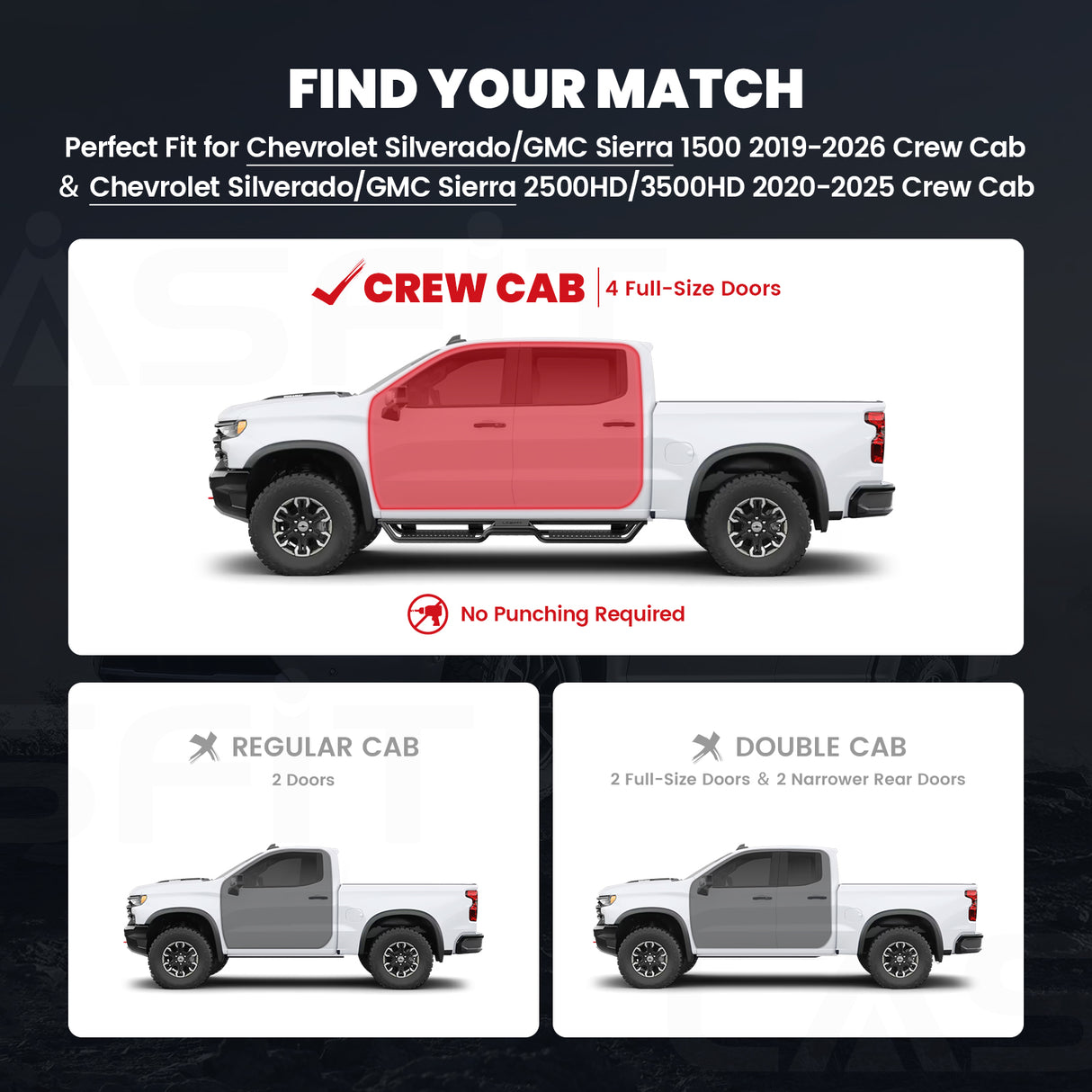 Fit for 2019-2026 Chevrolet Silverado 1500 Running Boards Side Steps, Fit Crew Cab ONLY