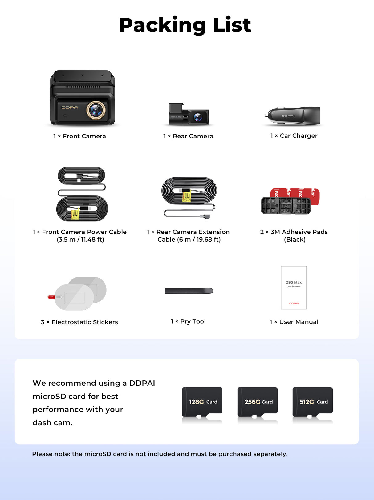 Z90 Max 2CH by DDPAI 4K+2K Front and Rear Dash Cam Packing List
