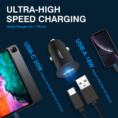 Car Charger All Metal Double Ports 2 Types Standard or Fast USB Charger QC3.0/2.0/1.0 PD3.0/2.0/1.0