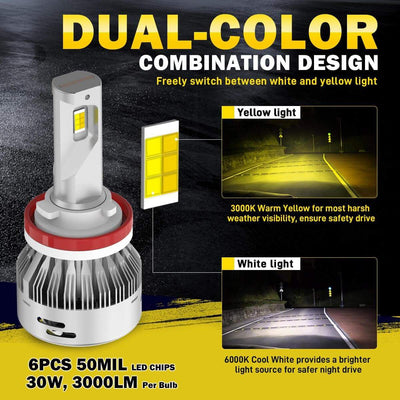 Bright White 9005/HB3 LED Bulbs and Switchback H11/H16 Fog Lights Combo Package | 4 Bulbs