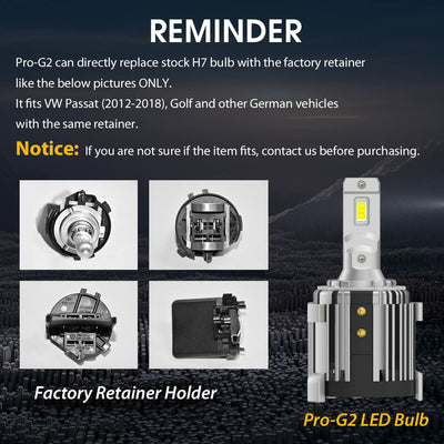 Plug and Play H7 LED Bulb w/Retainer Adapter for VW Golf Passat GTI Tiguan Mercedes-Benz Metris Pro G2 | 2 Bulbs