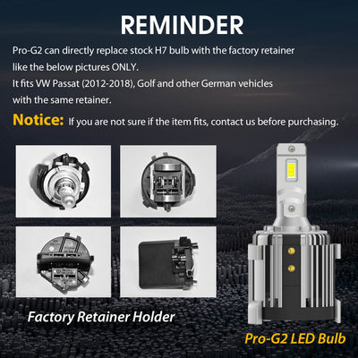 Plug and Play H7 LED Bulb w/Retainer Adapter for Volkswagen Golf Passat GTI Tiguan Mercedes-Benz Metris Pro G2 | 2 Bulbs