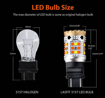 lasfit T-3157 dual color bulb size VS halogen bulb size
