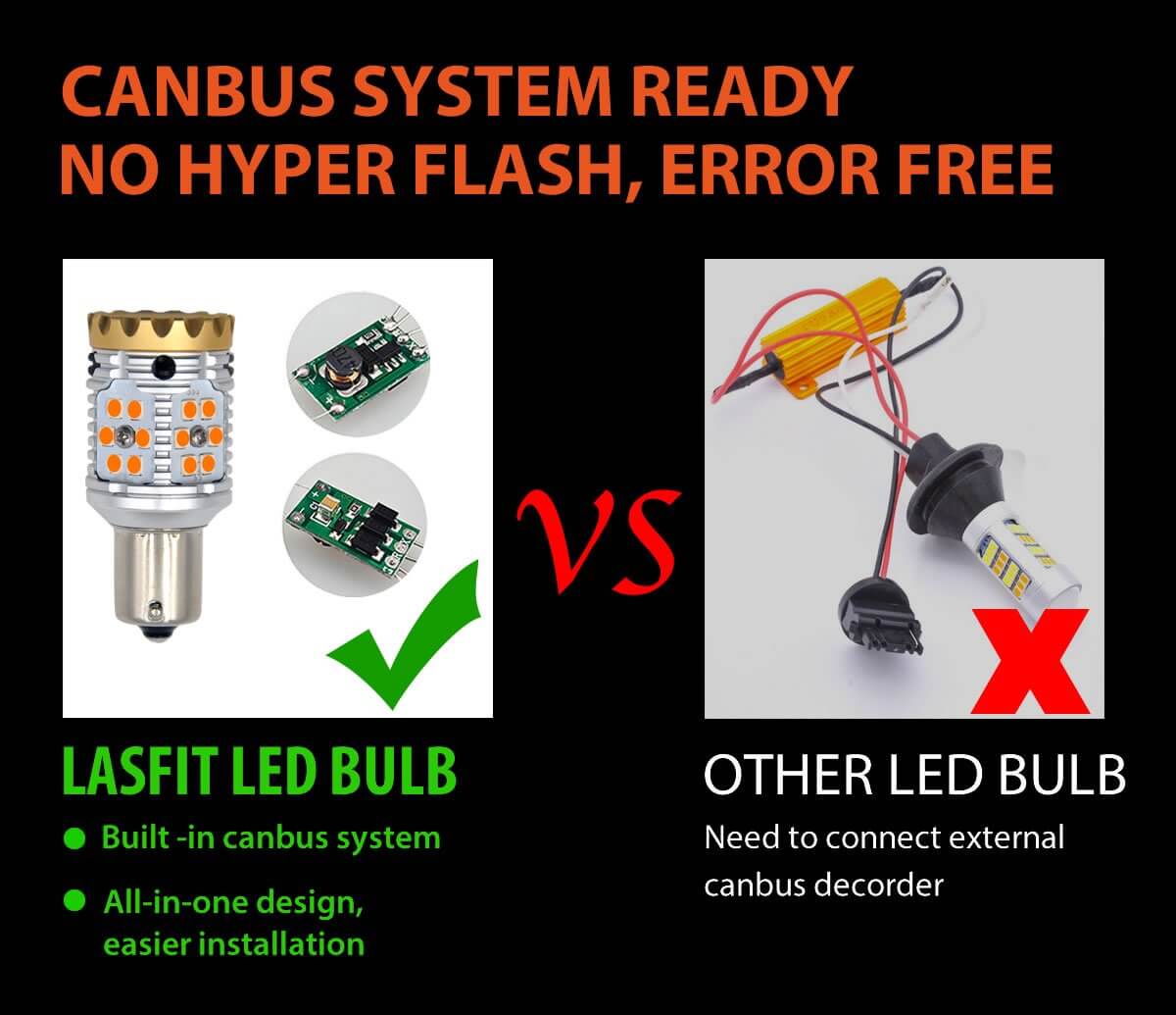 1156 P21W CANBUS Anti Hyper Flash LED Turn Signal Lights, Amber Yellow